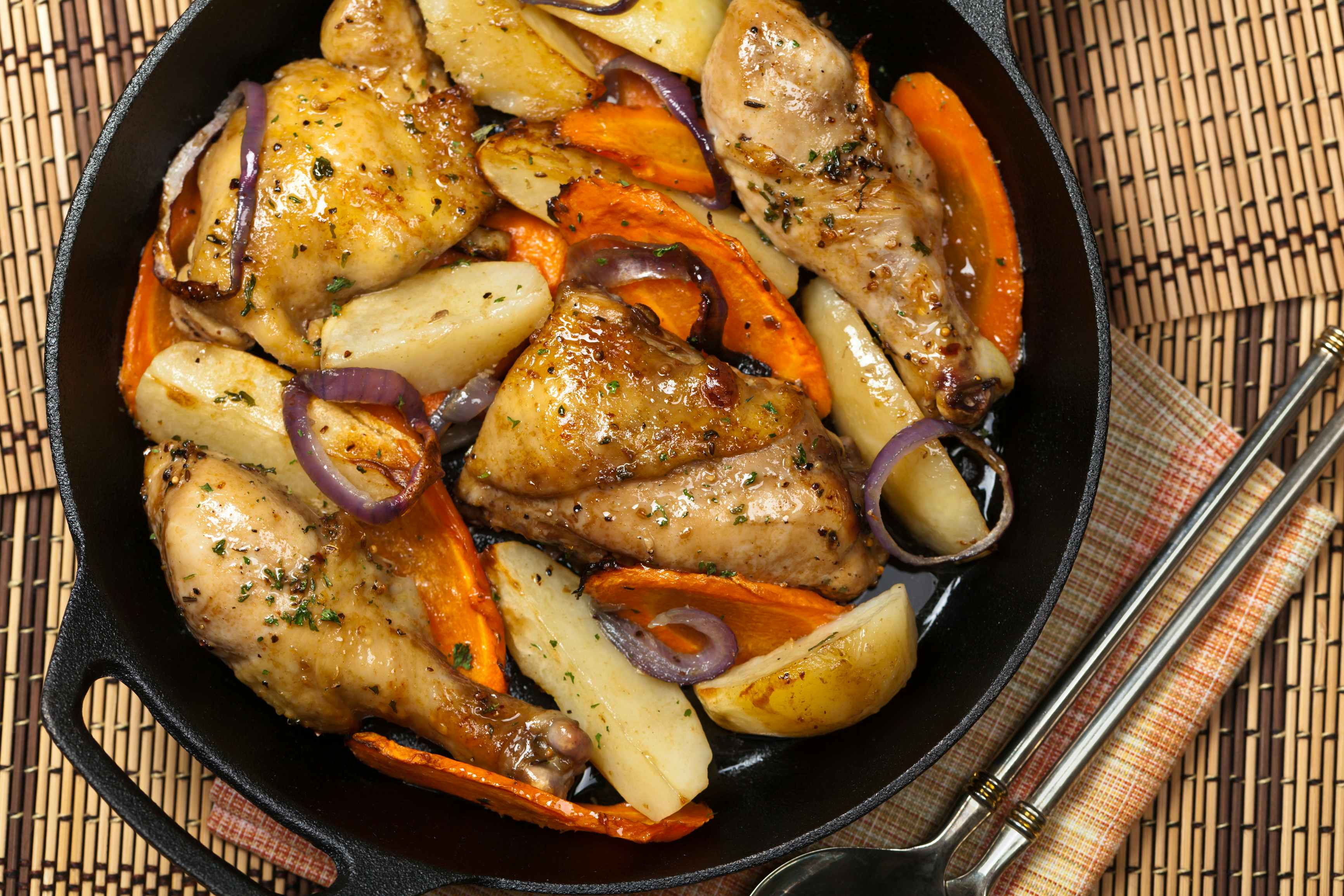 a pot of chicken, potatoes, and vegetables