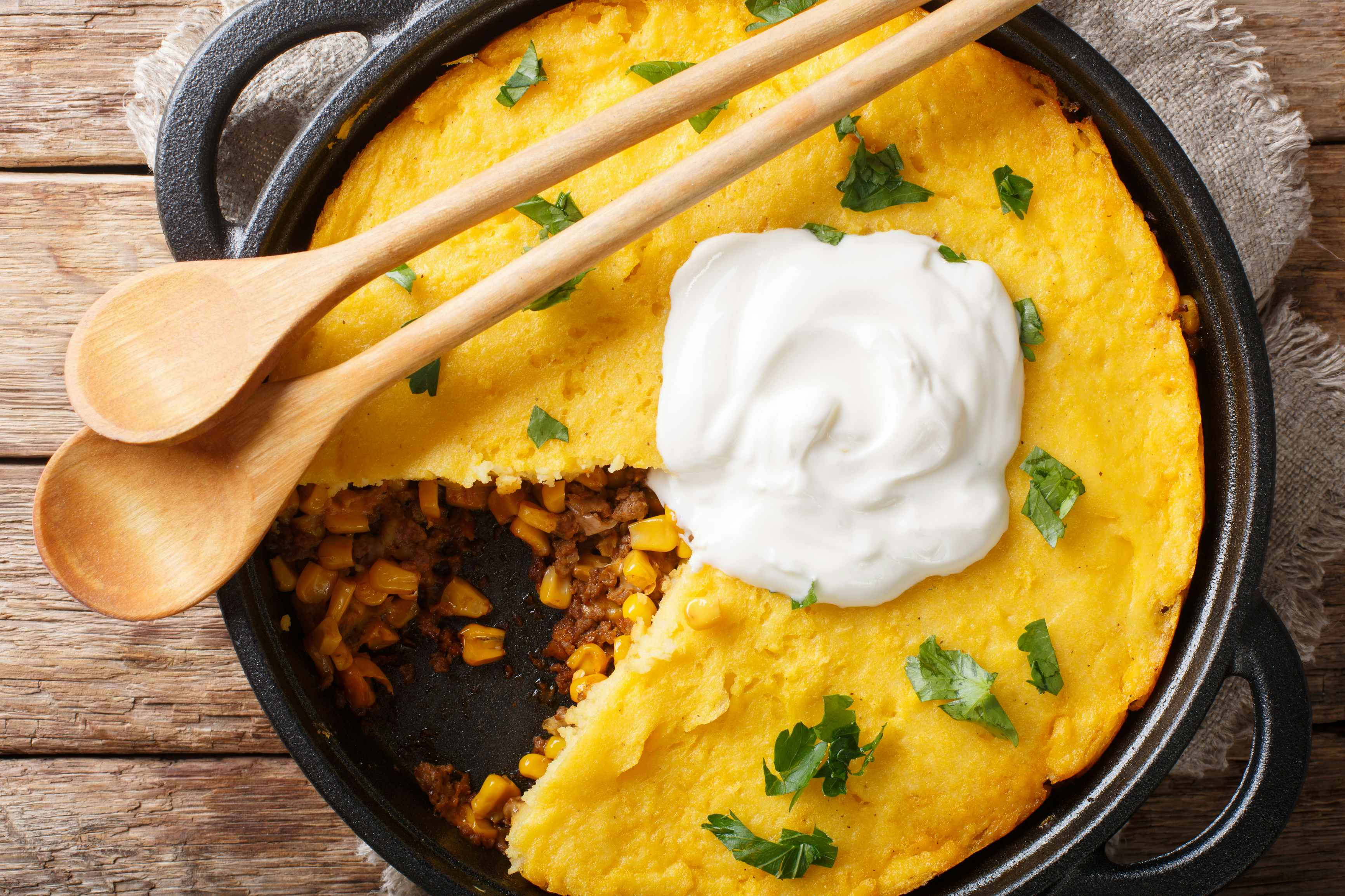 a tamale pie in a skillet