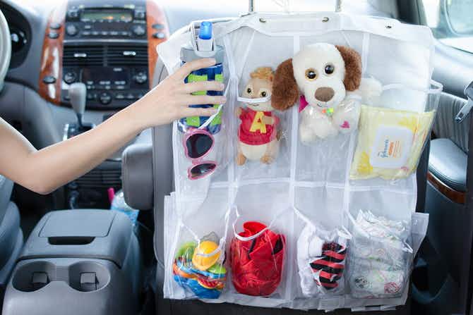 Create backseat pockets with a shoe organizer for long car rides.