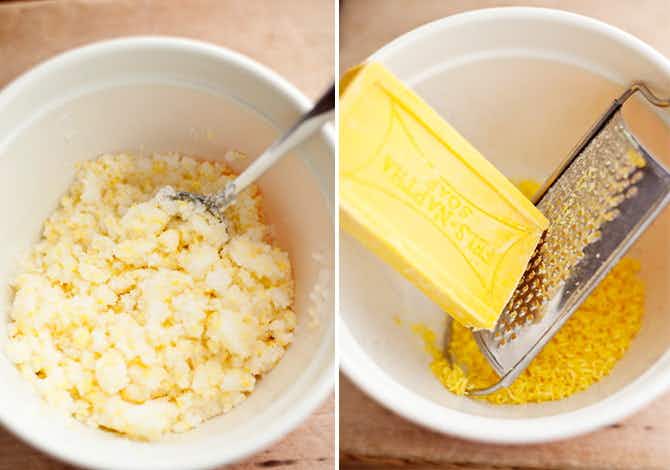 two images of a person grating soap and mixing into a bowl 