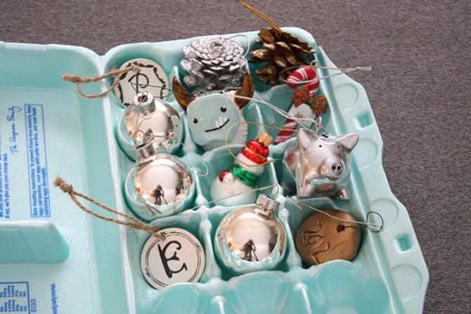 Prevent ornaments from breaking with an egg carton.