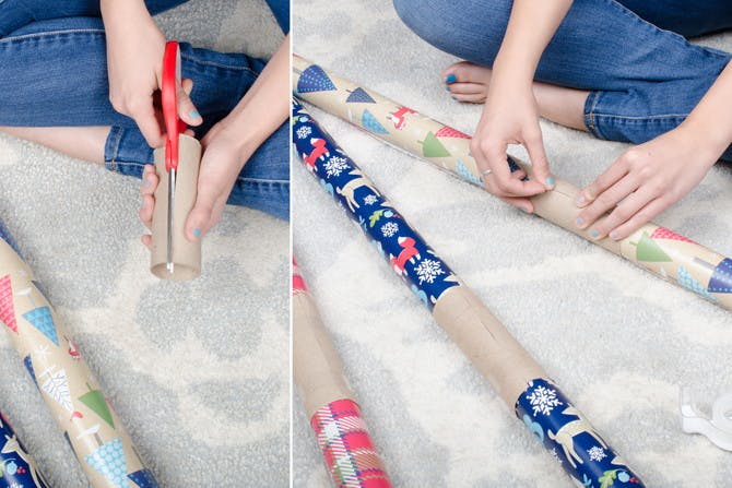 Stop wrapping paper from unraveling with toilet paper rolls.