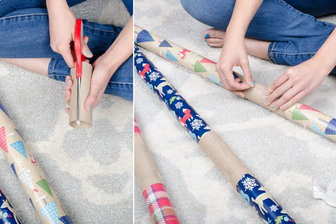 Prevent wrapping paper from unraveling with toilet paper rolls.