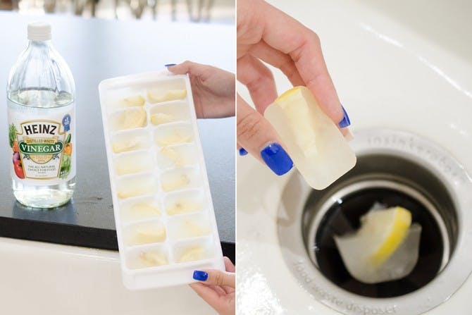 Frozen cubes of vinegar with lemon slices being placed in a drain