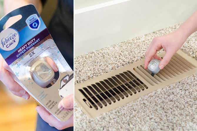 Person clipping a febreze car air freshener to a home vent