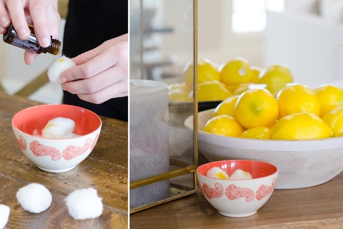 Person applying essential oil to a cotton ball and placing it in a bowl