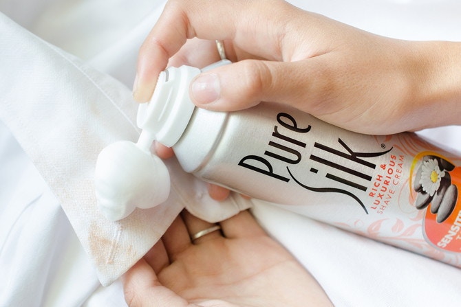 Pretreat a makeup smudge with shaving cream.