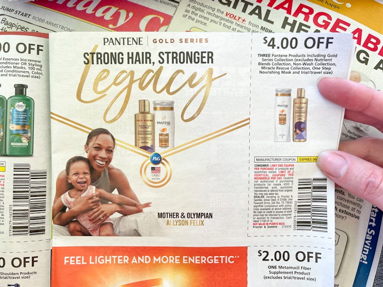 A newspaper coupon for four dollars off Pantene products
