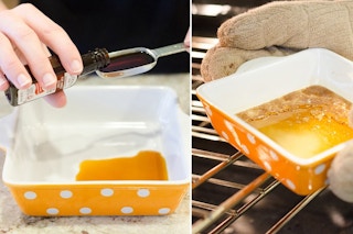 Someone pouring vanilla extract into a measuring spoon and placing in a bowl in the oven