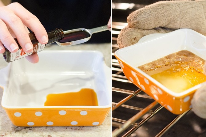 Someone pouring vanilla extract into a measuring spoon and placing in a bowl in the oven