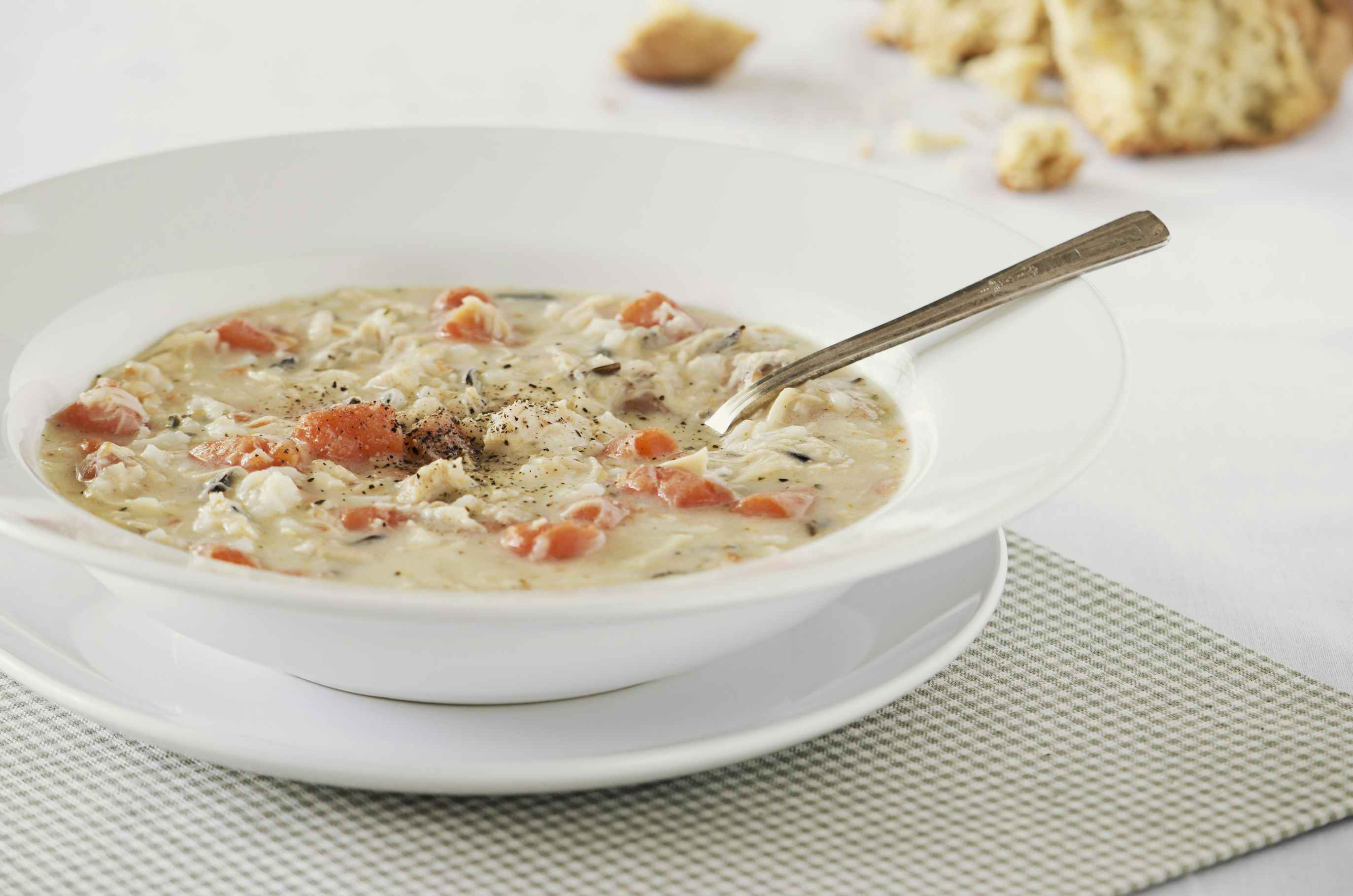 Creamy chicken and wild rice soup in a bowl