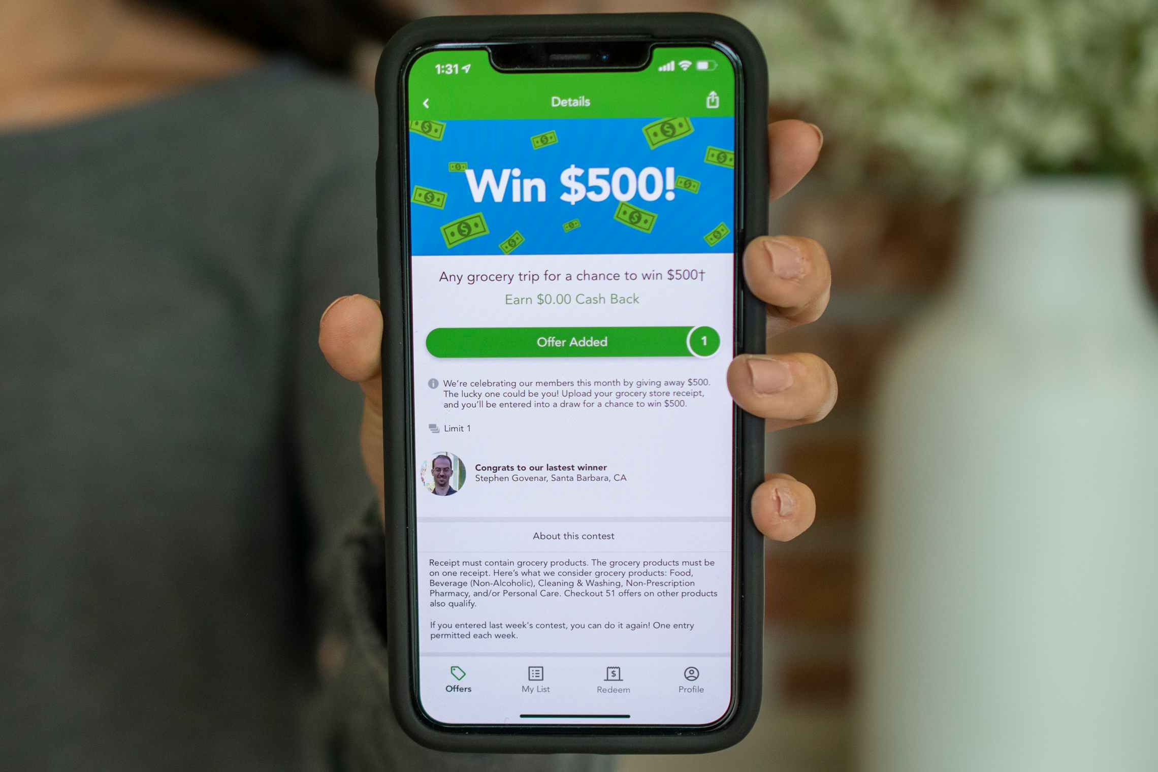 An offer to win $500 on the checkout 51 app.