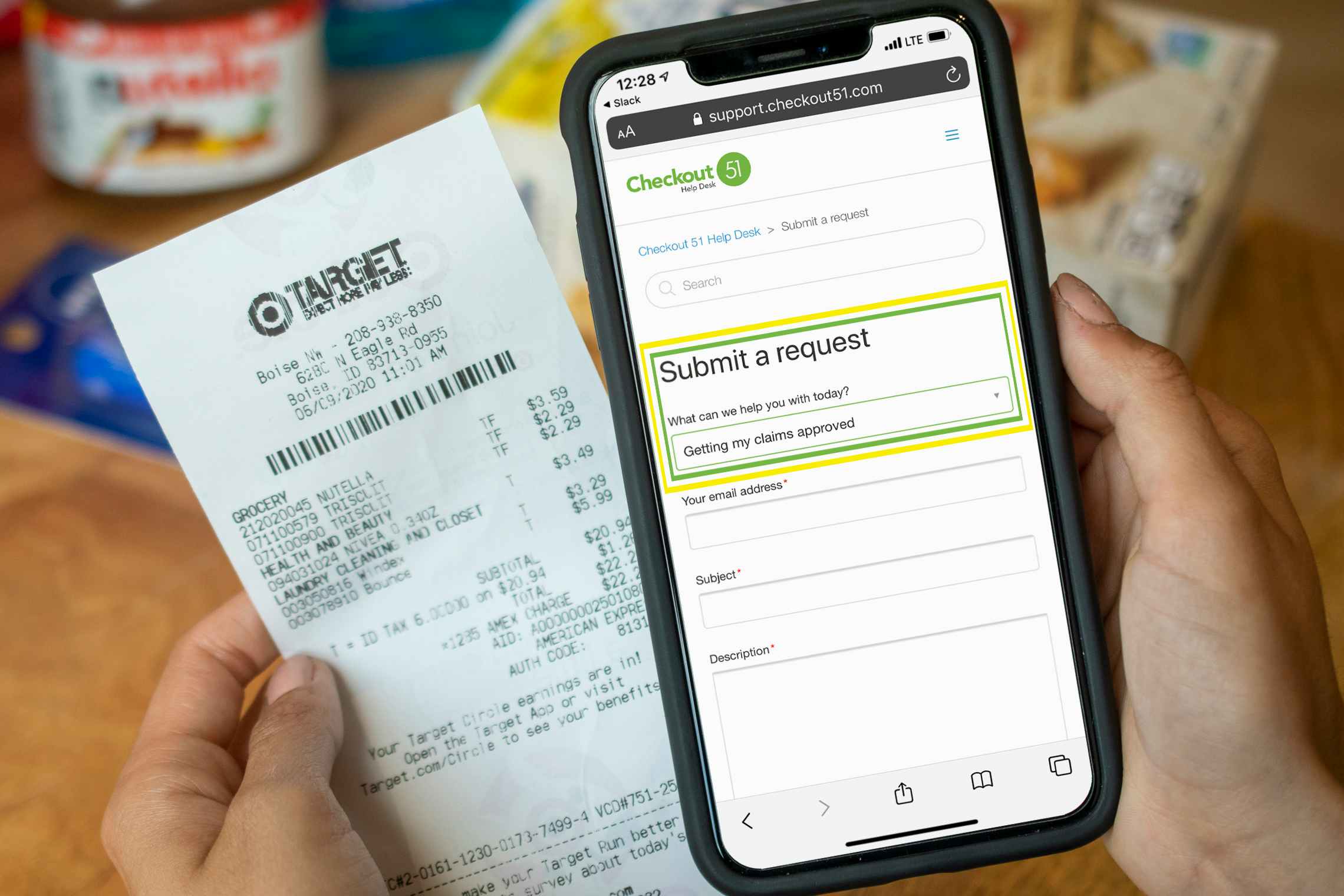 A person holding a receipt in one hand, and an iPhone displaying the Checkout51 help desk page for submitting a request.