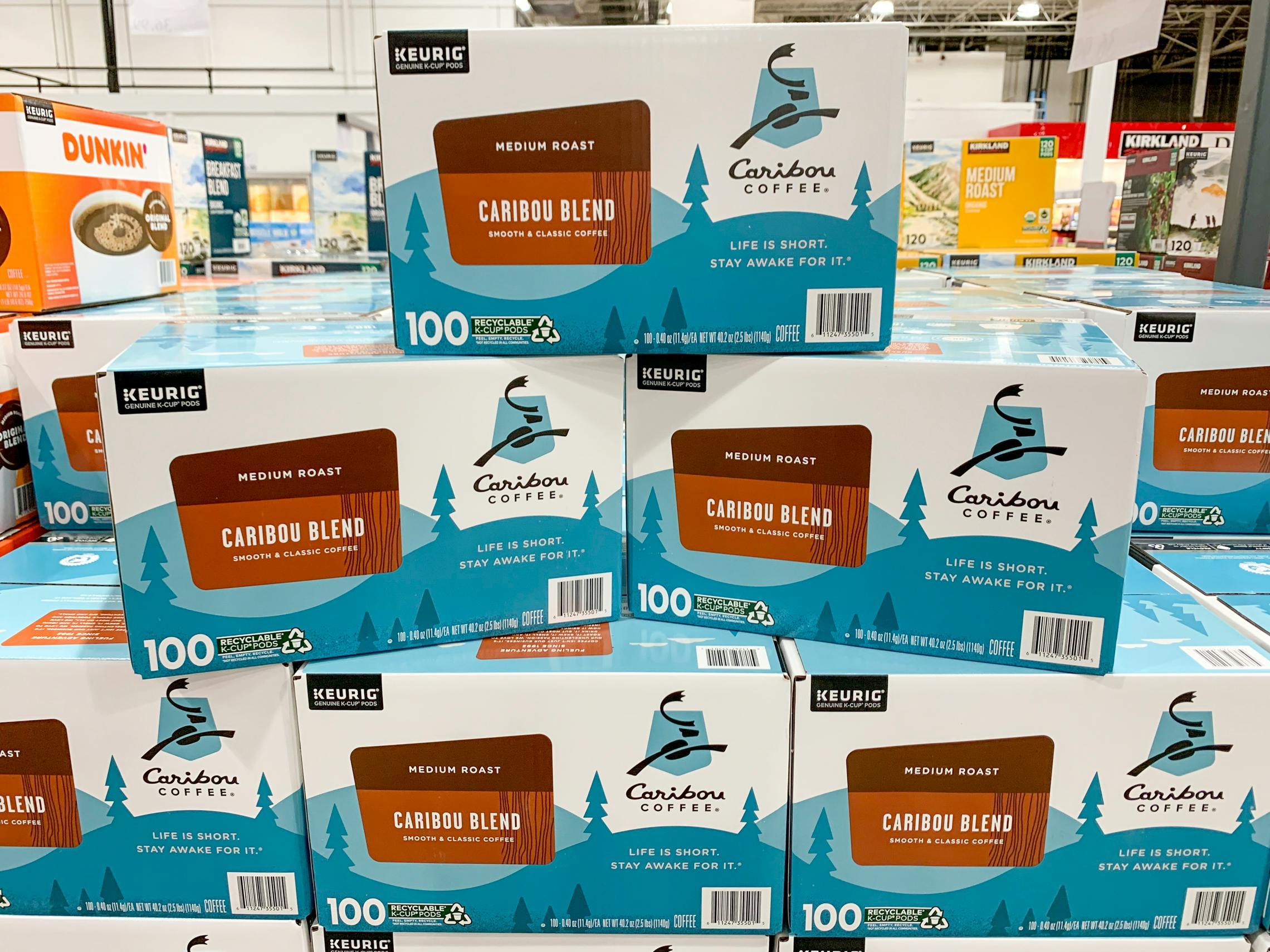 A stack of Keurig K-cup Caribou Coffee at costco