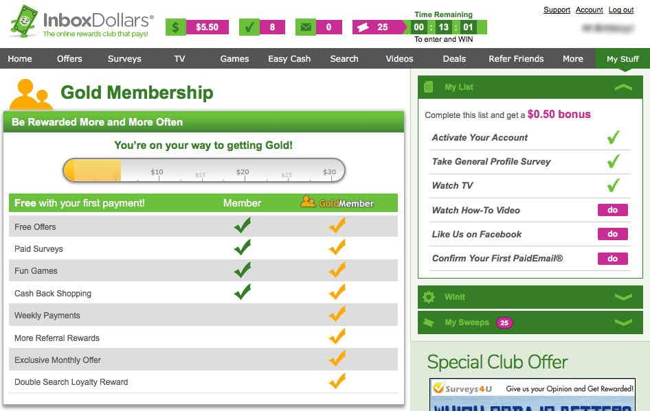 InboxDollars Gold membership page