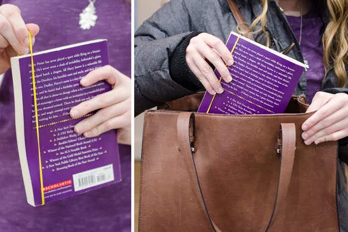 Keep a book together while traveling with a rubber band.
