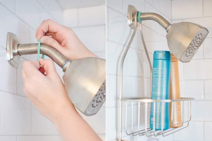 Keep a wobbly shower caddy steady with rubber bands.