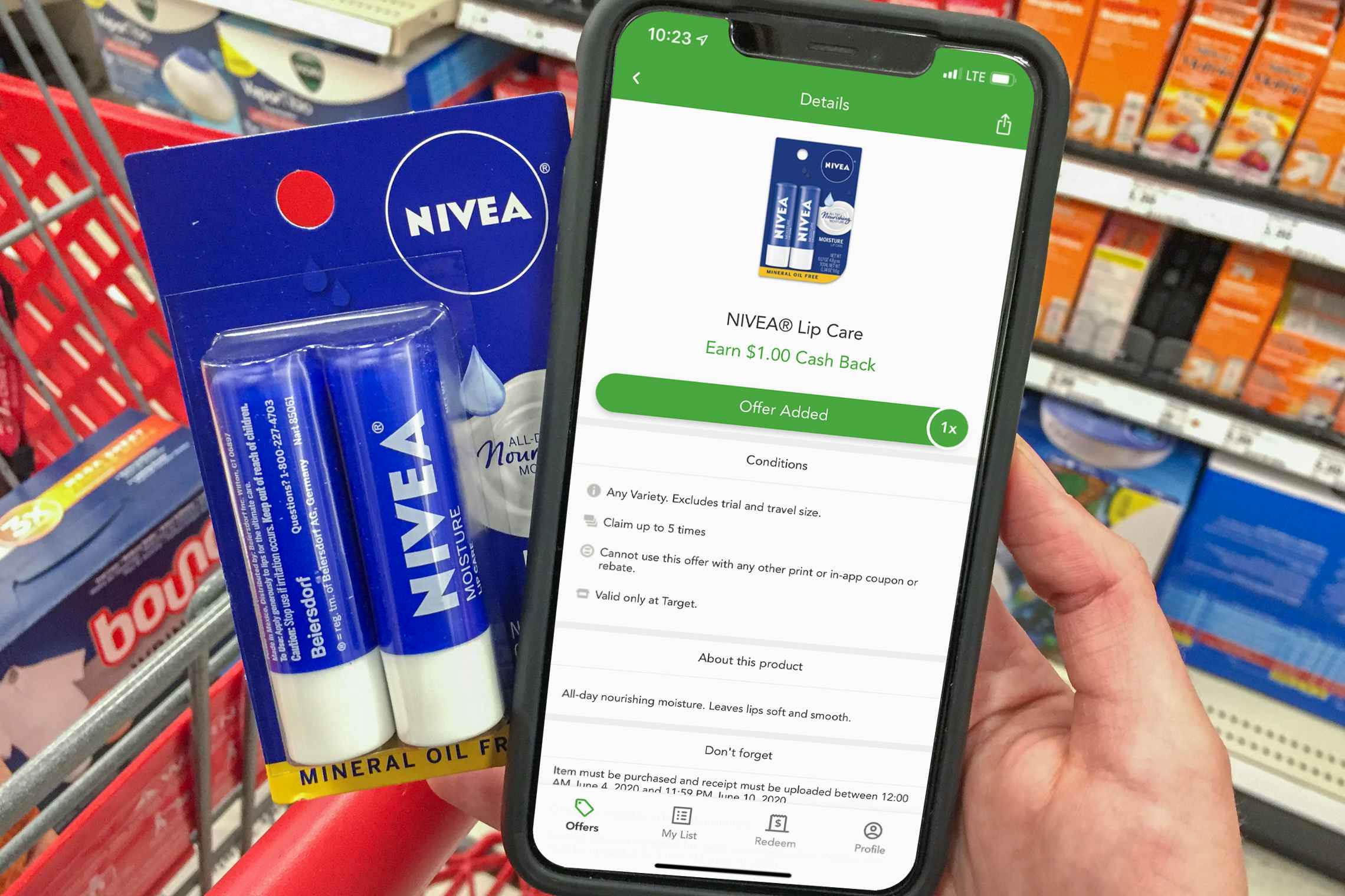 A Nivea deal on an iPhone next to Nivea lip care.