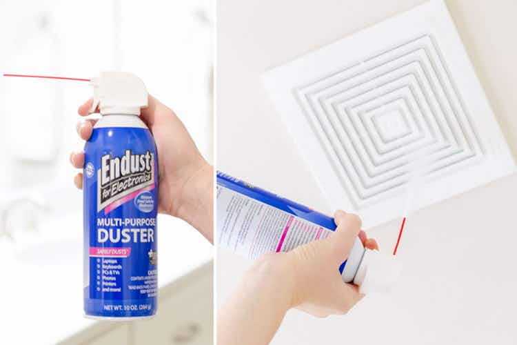 Spray canned air into a dusty bathroom exhaust fan