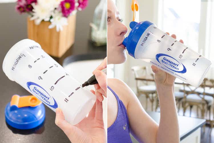 A person using a permanent marker to draw lines and times on a plastic water bottle to keep track of how much water they drink in a day, and a person drinking from that customized water bottle.