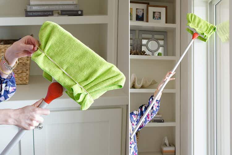 Attach a microfiber cloth to a broom with a rubber band to dust floors, furniture, and difficult-to-reach spaces