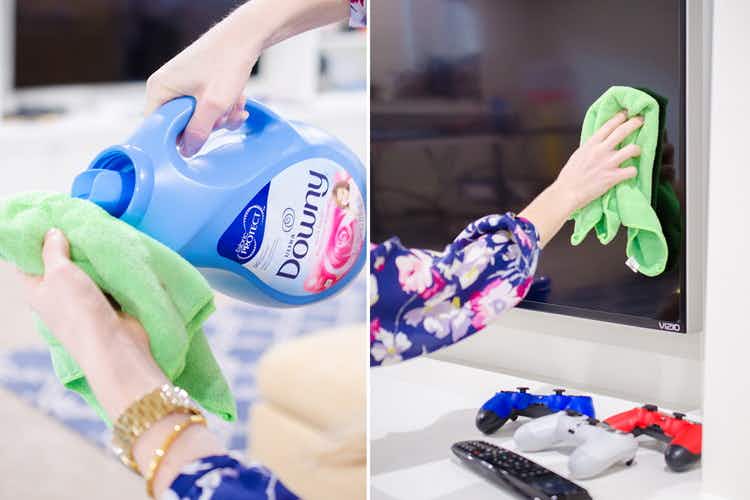Dampen a dusting cloth with fabric softener to prevent static cling on plastic surfaces