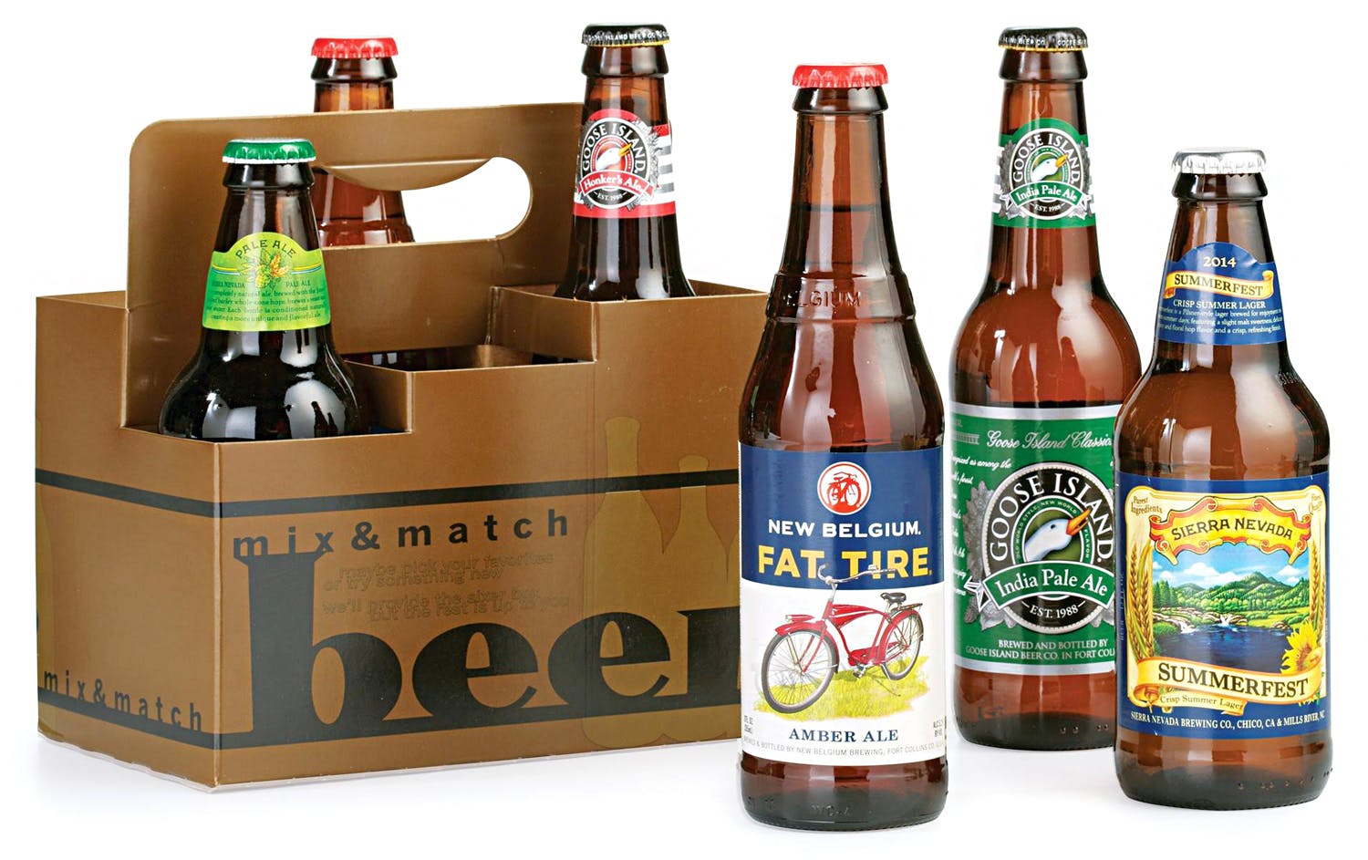 mix and match beer with sierra nevada, fat tire, and goose island