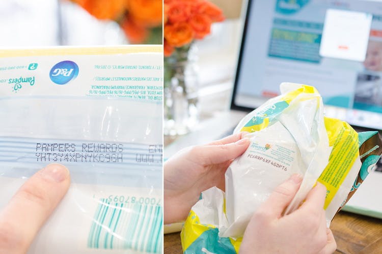 A close up of the code on a pack of pampers baby diapers