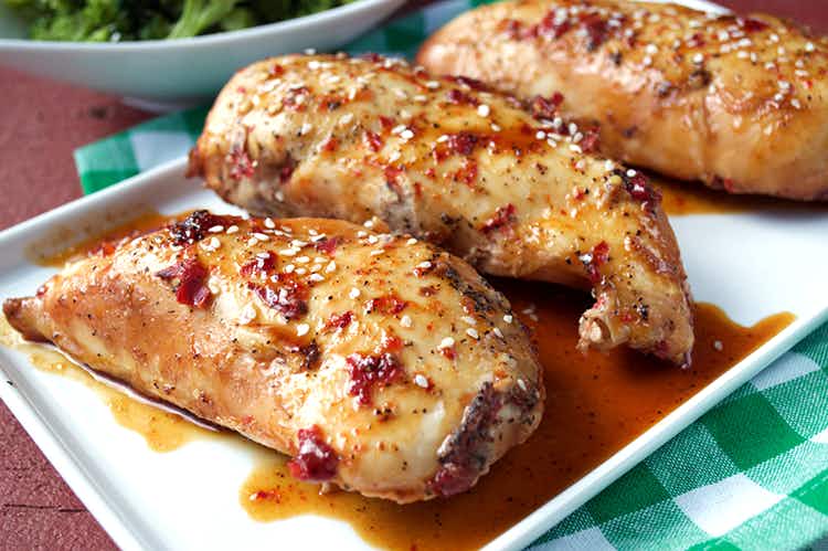 Baked chicken with sauce on a dish
