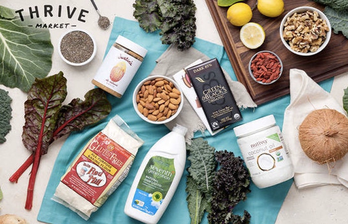 A collection of products you can find on Thrive Market. Like Justin's peanut butter and Bob's Red Mill flour.