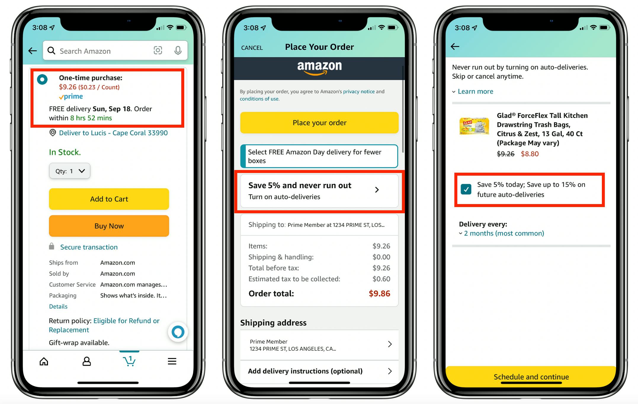 A graphic of three phones illustrating adding an item to an Amazon cart and then selecting subscribe & save afterwards.