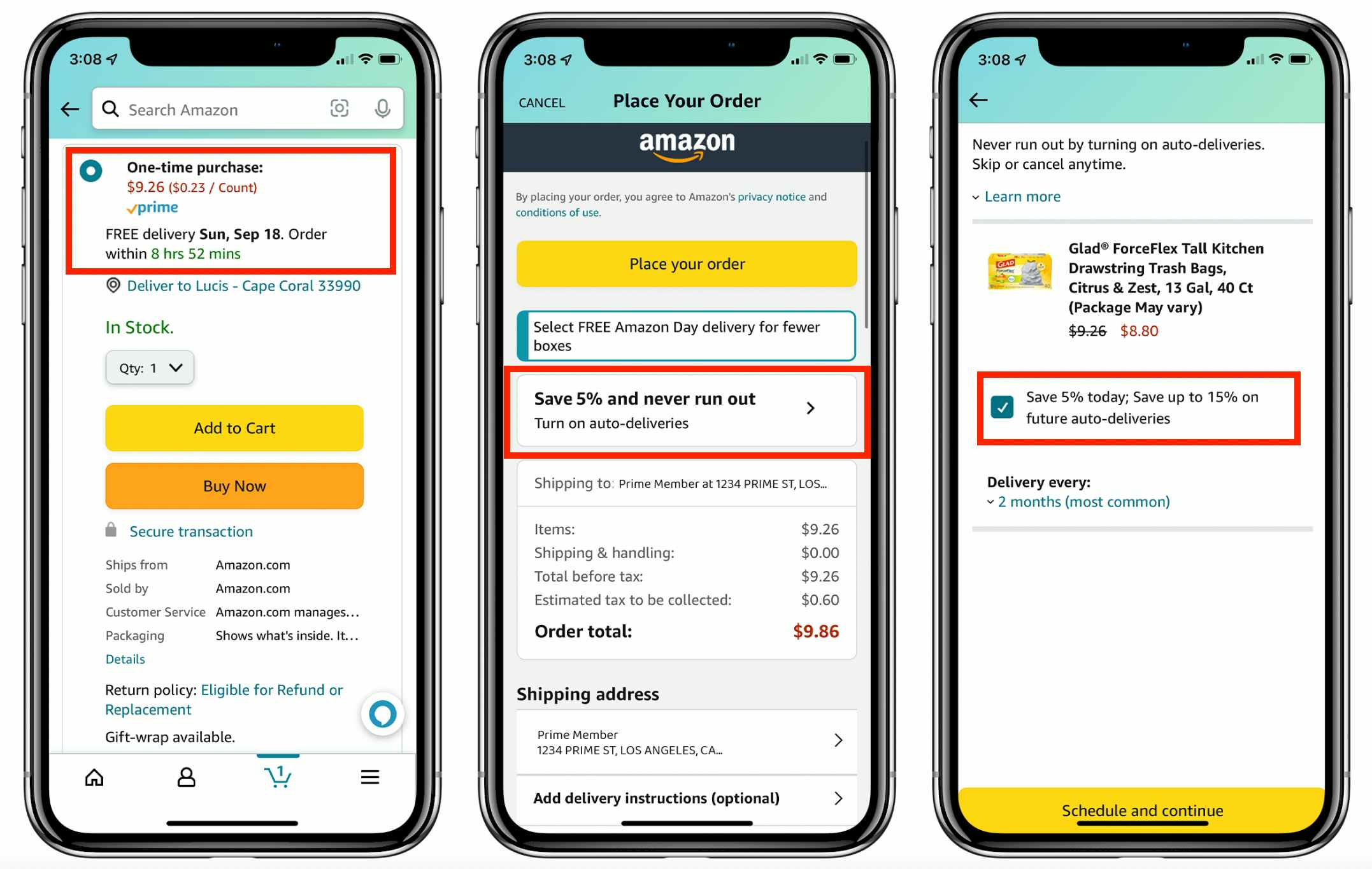 A graphic of three phones illustrating adding an item to an Amazon cart and then selecting subscribe & save afterwards.