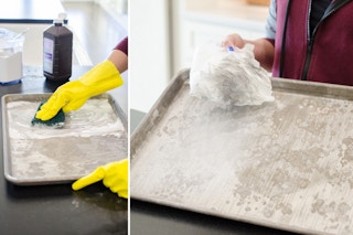 Remove stains from baking sheets with a baking soda and peroxide paste.
