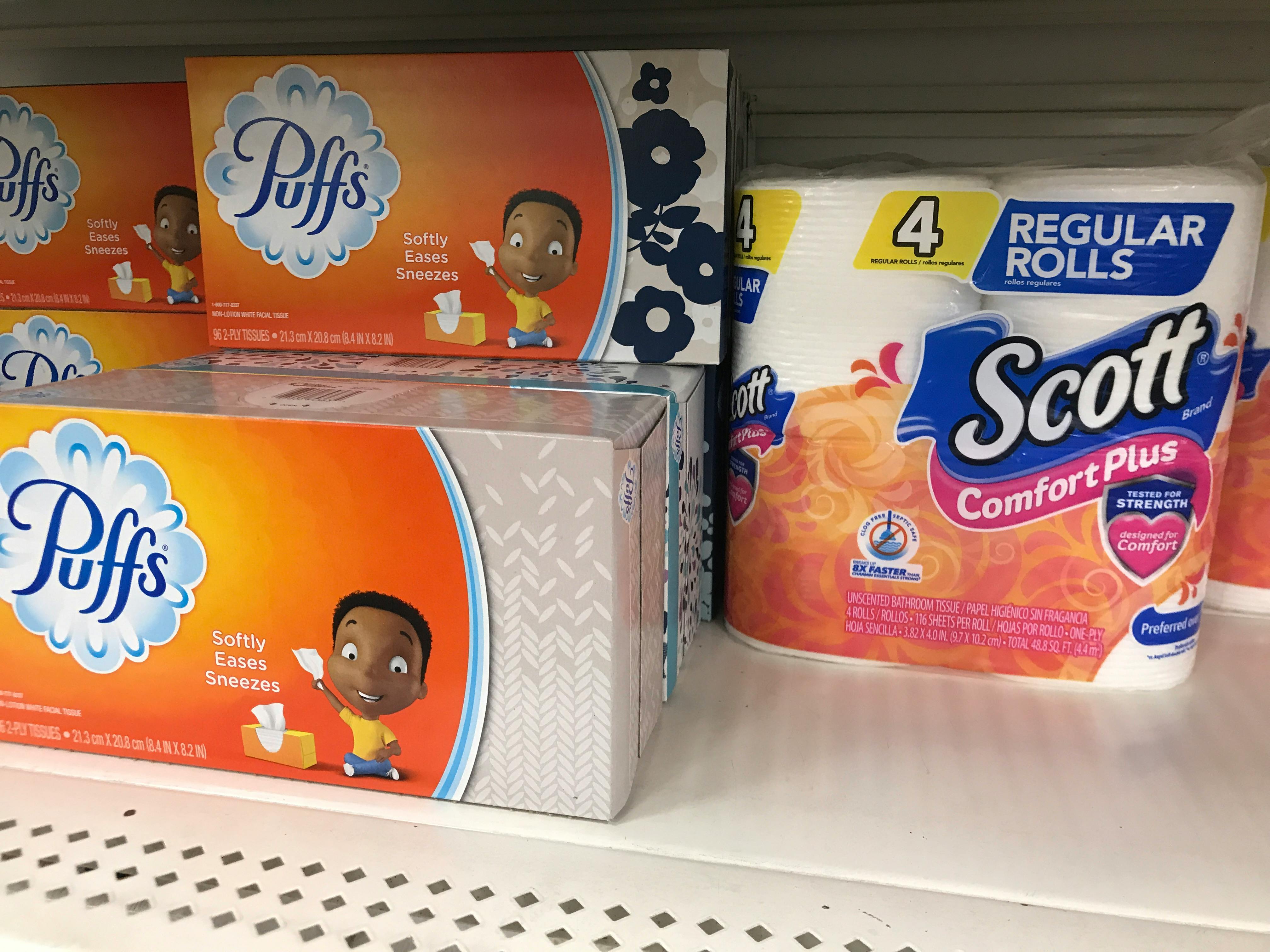 scott paper towels and puffs tissue on dollar tree shelves