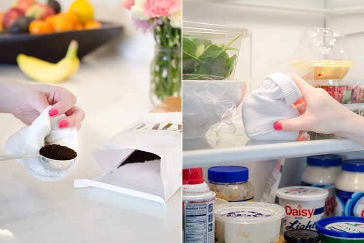 A person putting coffee grounds into a sock in a refrigerator.