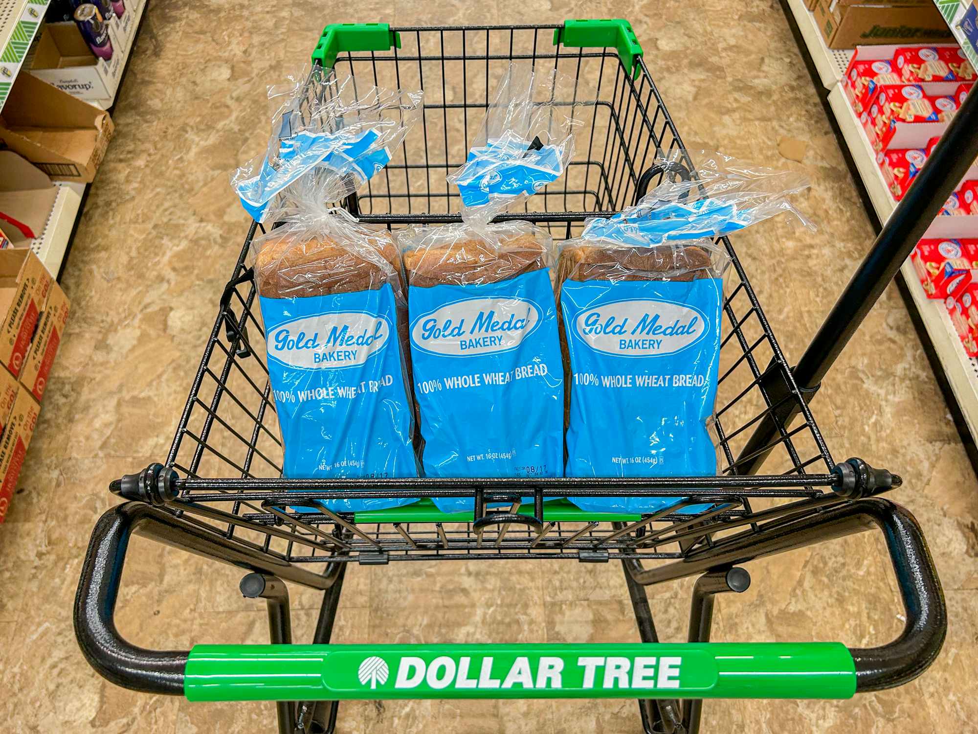 dollar tree bread in a cart