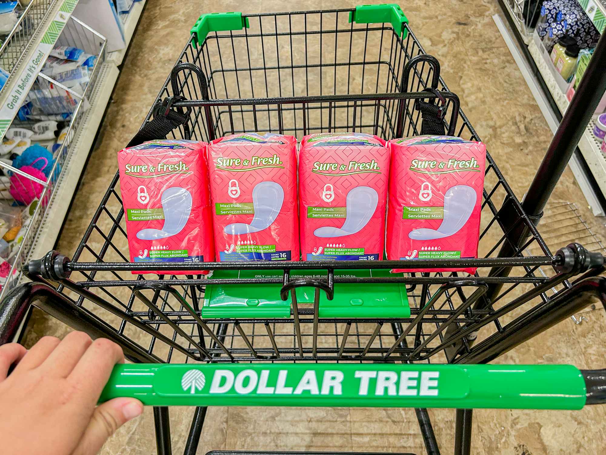 sure and fresh pads in a dollar tree cart