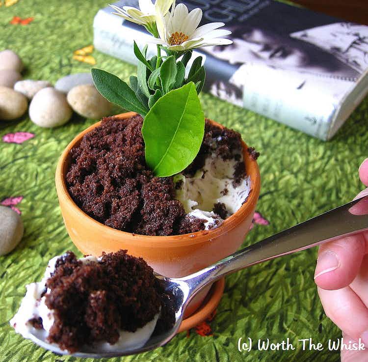 a terracotta plant pot filled with ice cream and topped with chocolate cake to look like soil and a real flower sticking out