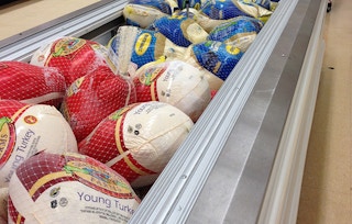 freezer full of frozen turkeys