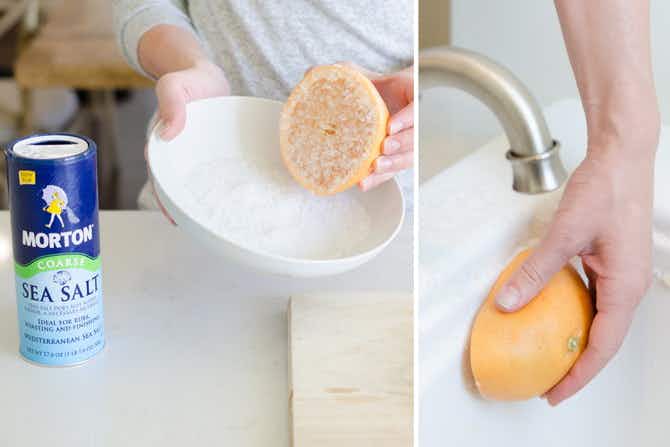 Use a grapefruit (or lemon) dipped in salt to clean the bathtub.