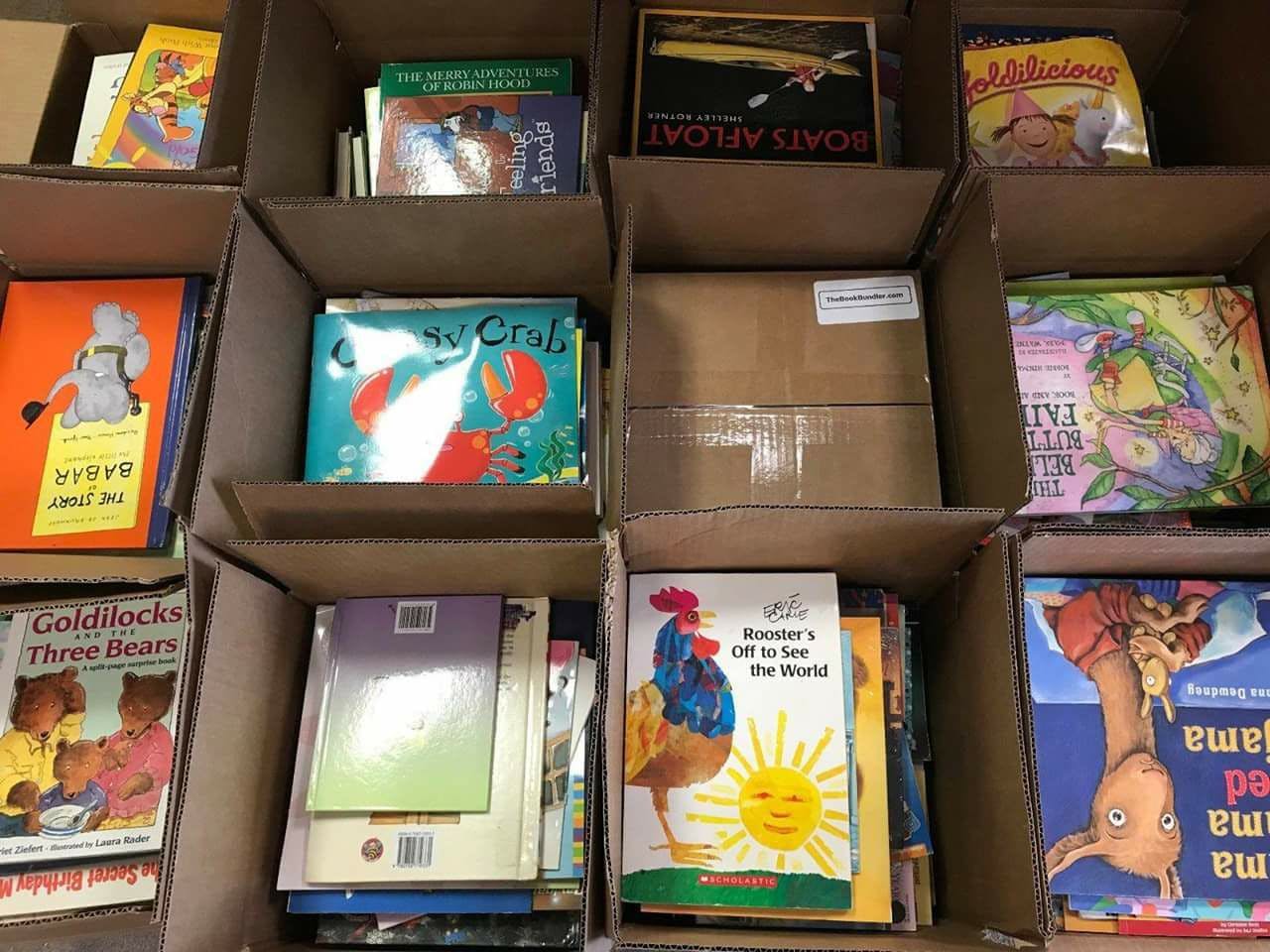 Boxes filled with Children's Books sitting on the floor.