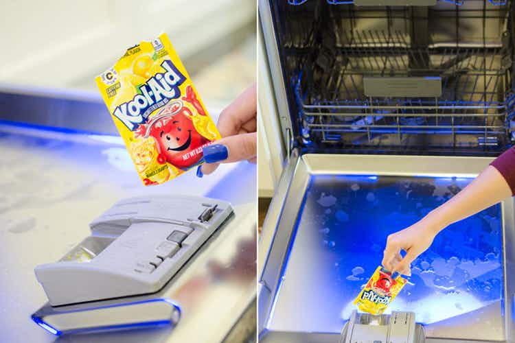 Remove stains in a dishwasher with lemon Kool-Aid.