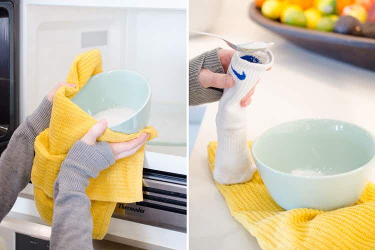 person heating up bowl of salt and pouring into sock