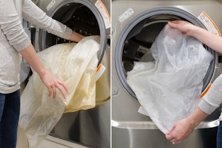 Clean away shower curtain liner stains in a washing machine.