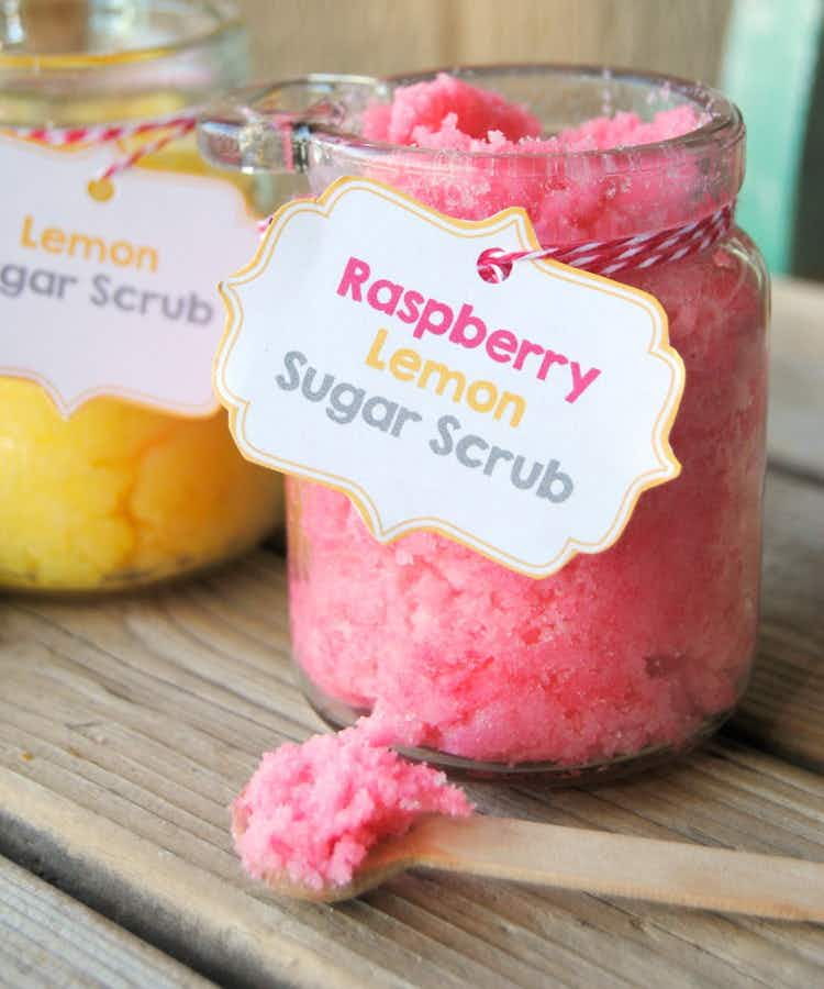raspberry lemon sugar scrub label on a jar with pink sugar scrub