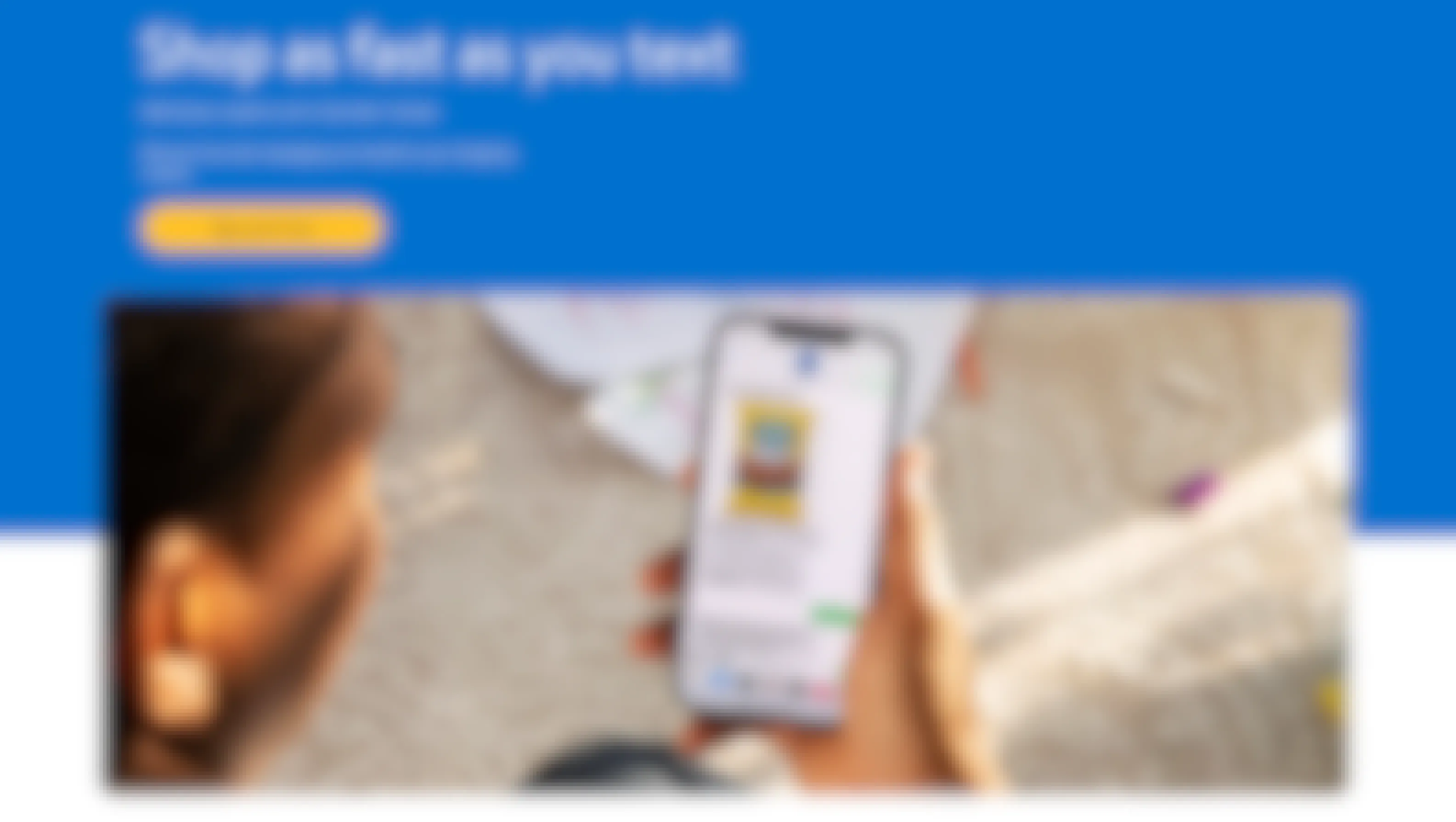 The Walmart Text to Shop signup page, with a woman holding a phone and texting her Walmart order.