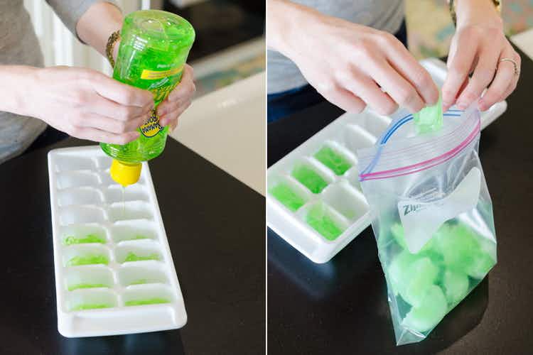 A person squeezing Banana Boat aloe vera gel into an ice cube tray, and later taking the frozen cubes out of the ice tray and putting them in a Ziploc bag.
