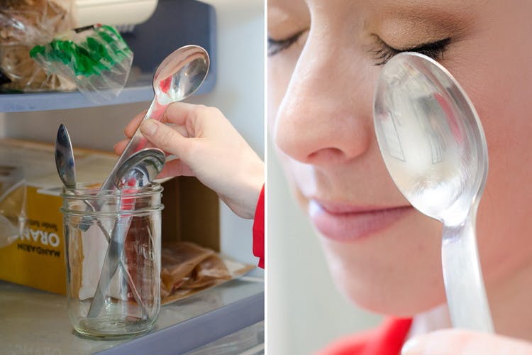 Spoons in a mason jar in a freezer and a woman putting a spoon under her eye.