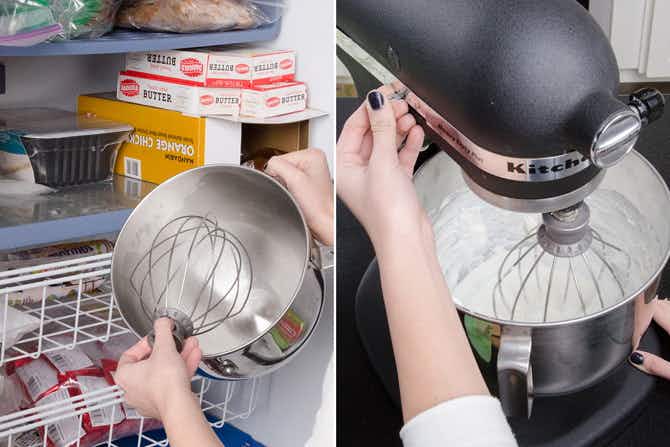 A person taking their metal bowl and beater from the freezer and using them with the stand mixer to whip cream.