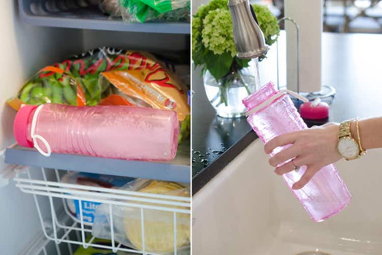 A reusable water bottle laying on its side in a freezer, and a person's hand holding the water bottle up to a kitchen faucet to fill it.